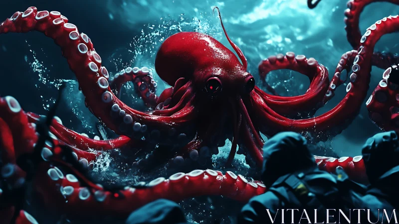 Colossal crimson octopus confronts divers amid turbulent sea.