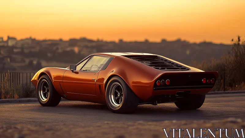 Mid-engined classic sports coupe in metallic orange at sunset