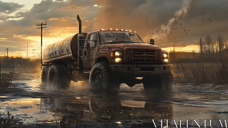Tanker truck traversing muddy flooded track at sunset.