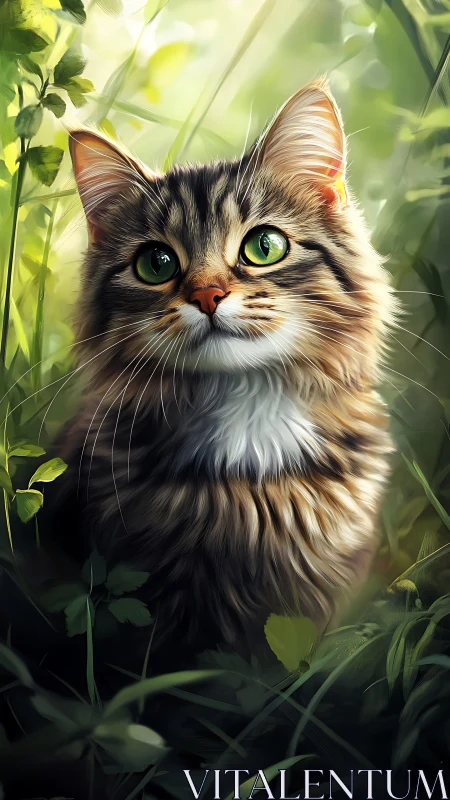 Green-eyed tabby cat glows in sunlit garden portrait.