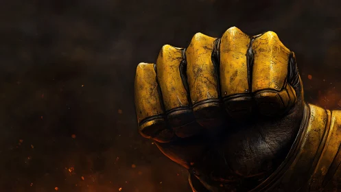 Yellow armored fist against dark smoky background. Period.