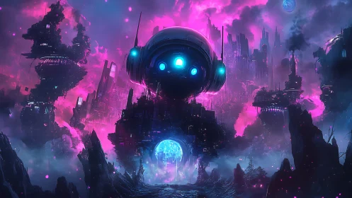 Cyberpunk orbital core above neon-ruined megacity skyline.