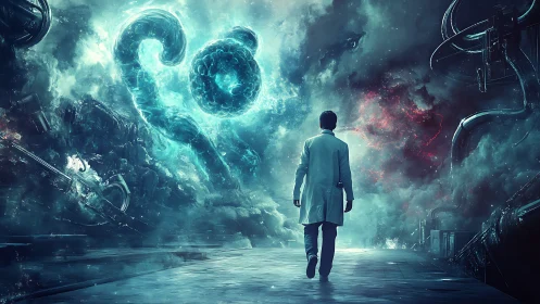 Scientist walks into bioluminescent nebula amid industrial conduits