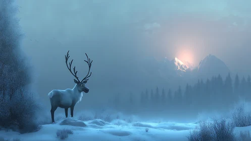 Cartoon reindeer observes frosted valley at polar sunrise.