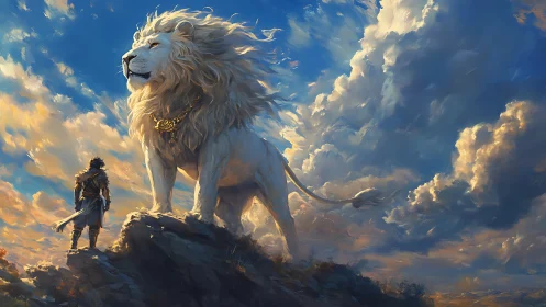 Majestic white lion guardian with warrior under vast sky.