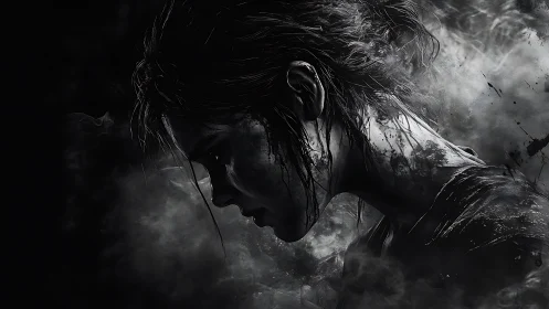 Side profile of young woman in dark monochrome smoke