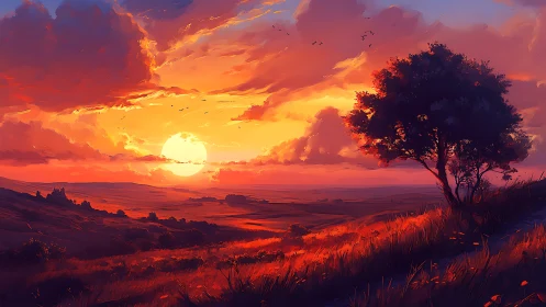 Fiery sunset bathes rolling valley and lone hilltop tree