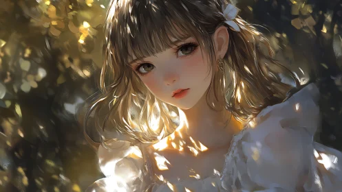 Young woman in soft sunlight with dappled foliage shadows.