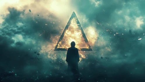 Cloaked figure before burning triangle in stormy mist.