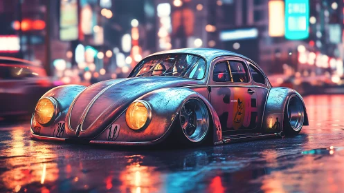 Retro race beetle glows on neon-soaked city streets.