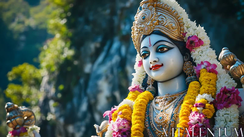Graceful deity statue adorned with bright marigold garlands.