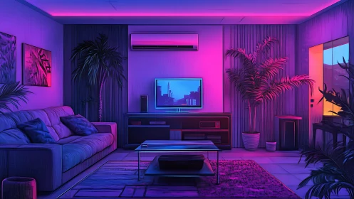 Neon lit living room retreat glowing in cyber twilight.
