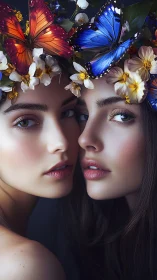Twin muses framed by vivid butterflies and blooming florals.
