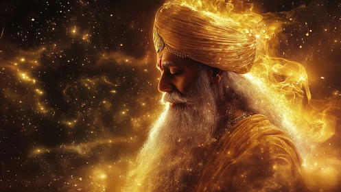 Ethereal turbaned elder in luminous golden cosmic nebula