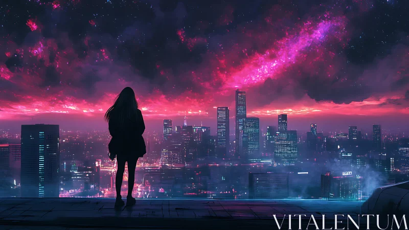 Solitary silhouette over neon city beneath cosmic sky.