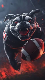 Bulldog mascot carrying football over red illuminated field.