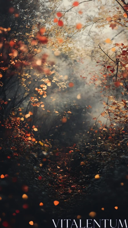 Autumn foliage suspended in atmospheric haze and golden light.