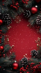 Red Christmas frame arranges pine branches, cones and baubles