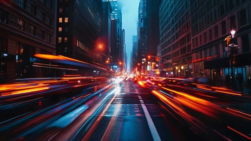 Urban night traffic light trails on wet downtown avenue.
