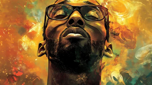 Portrait of contemplative man in vivid abstract light field.