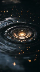 Luminous ripple vortex with golden particle constellations.