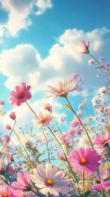 Dreamy Cosmos Flowers Dance Through Golden Sunlit Skies