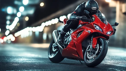 Red superbike cuts neon city streets at high speed.