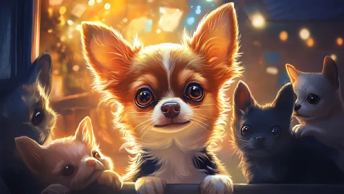 Chihuahua Group Illuminated by Golden Citylight Bokeh