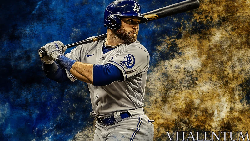 Focused baseball batter ready to swing in bold colors.