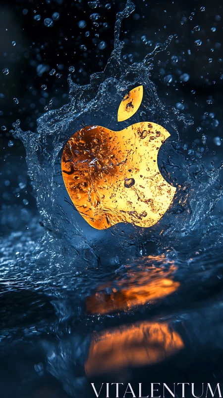 Golden apple icon splashing through deep blue water.