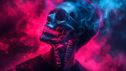 Neon smoke surrounds skull‑faced figure in profile view