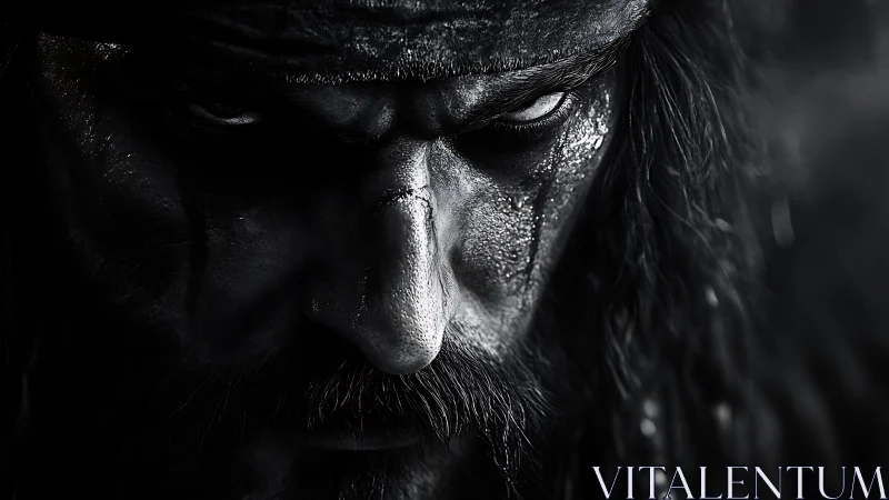 Close black and white portrait of intense bearded warrior.