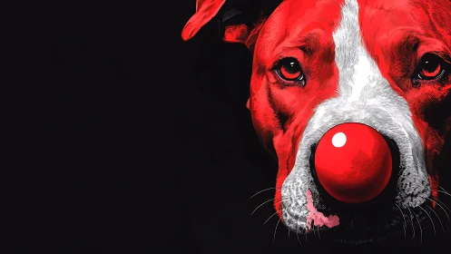 Red clown-nosed dog portrait contrasts against deep black
