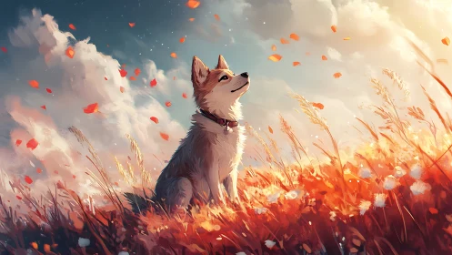 Daydreaming meadow dog beneath drifting ember petals.