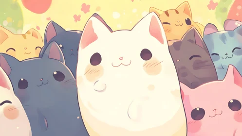 Adorable Cats Group with Pastel Charm in Soft Art.