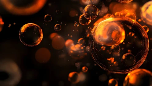 Glowing Orange Bubbles Abstract Digital Art on Dark Background.
