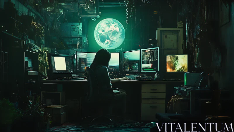 Person at multi-monitor workstation in dim tech room.