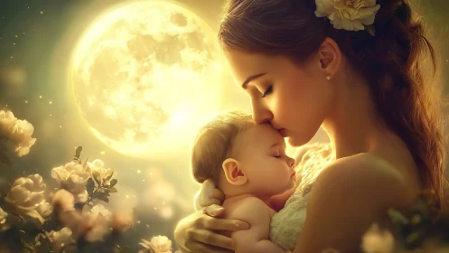 Mother Holding Infant Under Luminous Celestial Moon with Floral Ambient Environment