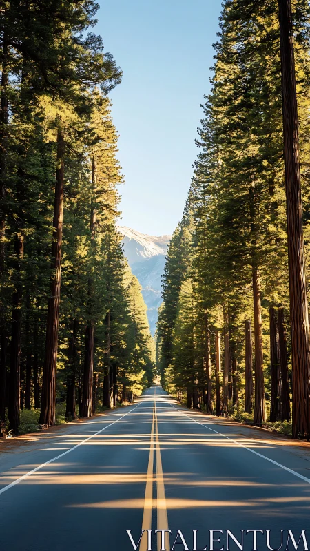 Linear forest highway receding toward distant alpine peak