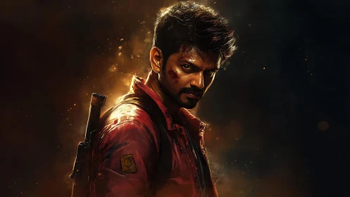 Battle-worn fighter in red jacket under dramatic rim lighting