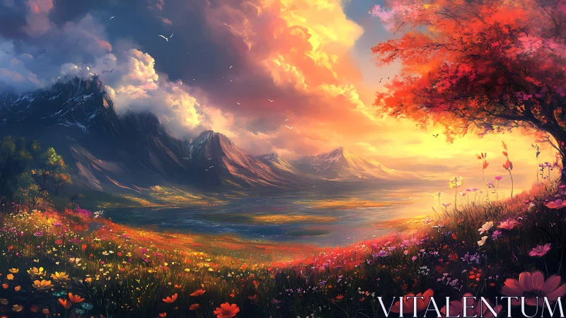 Sunset wildflower valley beneath blazing cloud kingdoms.