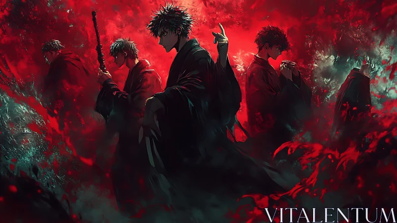 Dark anime sorcerers amid red cursed energy storm.