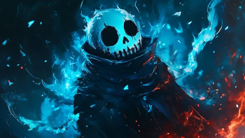 Bifurcated blue flame wraith with skull visage and ember cloak