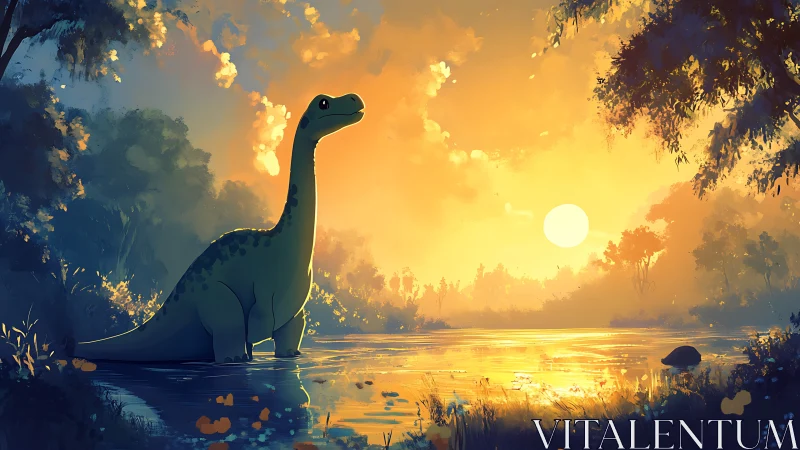 Gentle cartoon dinosaur stands in glowing sunset river scene.