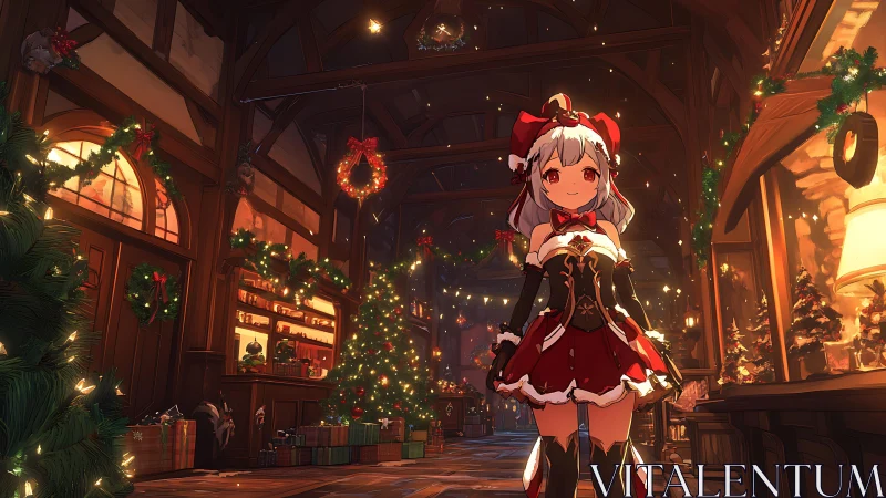 Anime girl in festive Christmas tavern interior scene.