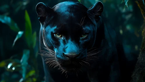Bioluminescent Panther: Blue-Lit Big Cat Portrait Study.