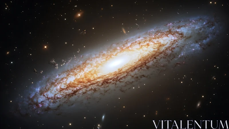 Edge-on spiral galaxy with bright core and dust lanes.