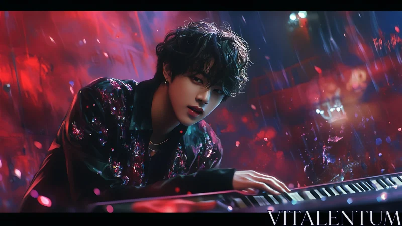 Neon-lit pianist in shimmering jacket at digital keyboard.