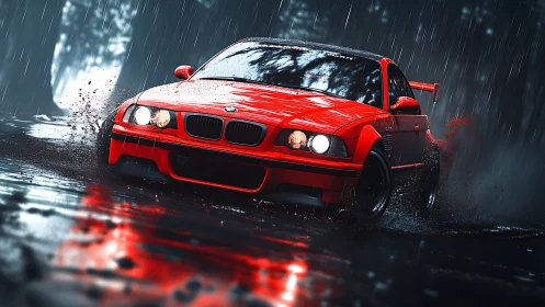 Red performance coupe powersliding through wet forest rain