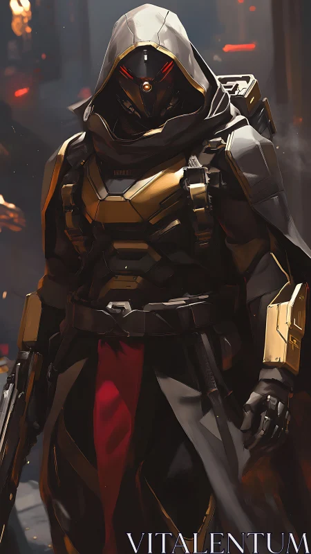 Hooded alloy revenant stalks neon alleys of tomorrow.